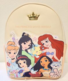 Disney Style Backpack For School, Cute Standard Backpack For Theme Park, Cute Standard Backpack For Theme Parks, Character Backpacks For Disney Trips, Disney Style Standard Backpack, Themed Bags With Character Print For Disney Trips, Character Backpack For Disney Trips, Themed Character Print Bags For Disney Trips, Disney Princess Friends