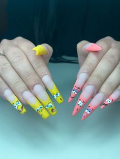 Spongebob Almond Nails, Spongebob Inspired Nails, Spongebob Sky Nails, Sponge Bob Nail Art, Patrick Star Nails