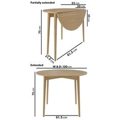 two tables with measurements for each side and the same table top, both in different sizes