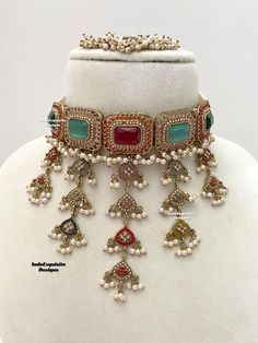 Elegant antique gold Polki Choker Set with beautiful earrings and Tikka/Indian Jewelry/ High quality kundan Polki jewelry/trendy unique choker/multi color/navrattan/rainbow  All items are shipped from Brampton, Ontario, Canada. If you need your item by a certain day, please reach out to us for express delivery option before placing the order so that we can update the shipping for you. Standard shipping/delivery timeline Below are the estimated delivery times after the order is shipped/dispatched Polki Choker Set, Unique Choker, Remote Locations, Polki Choker, Brampton Ontario, Polki Jewellery, Choker Set, Buy Handmade, Flower Jewellery