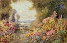 a painting of a garden with flowers and trees in the foreground, water running through it