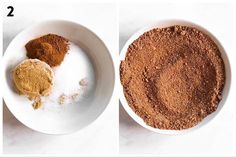 two bowls filled with spices next to each other on top of a white countertop