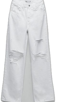 White Ripped Mid-rise Bottoms, White High-waisted Ripped Bottoms, White High Waist Ripped Bottoms, High-waisted White Ripped Bottoms, High Waist Ripped White Bottoms, Zara White Mid-rise Jeans, Zara Mid-rise White Jeans, Zara White Bottoms For Fall, Zara White Wide Leg Jeans