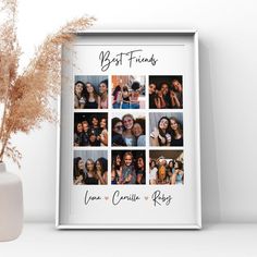 a vase with some dried flowers in it next to a photo frame that says best friends