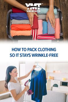 woman packing clothes in suitcase with text overlay that reads how to pack clothing so it stays wrinkle - free