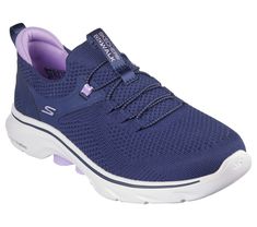 Walk in easy-wearing comfort with Skechers GO WALK 7 - Abie. Featuring a mesh and synthetic upper with stretch laces, Skechers Air-Cooled Goga Mat insole, lightweight ULTRA GO cushioning, and high-rebound Hyper Pillar Technology for added support. | Skechers Women's GO WALK 7 - Abie Slip-On Shoes | Medium Width | Skechers Air-Cooled Goga Mat breathable insole with high-rebound cushioning | Lightweight, responsive ULTRA GO cushioning | High-rebound ultra-lightweight Hyper Pillar Technology for ad Vegan Design, Skechers Go Walk, Wide Shoes, Skechers Women, 2 Inch Heels, Personal Marketing, Stretch Lace, Shopping Hacks, Slip On Shoes