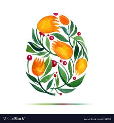 an orange flower with green leaves and berries on it, painted in watercolors