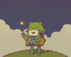 a cartoon character holding a cell phone in front of a sky with clouds and stars