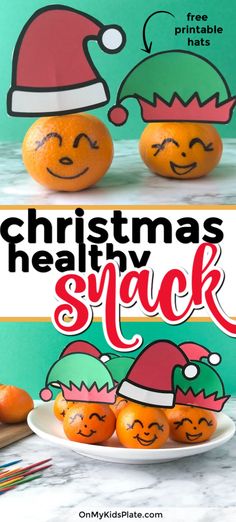 two oranges with faces drawn on them and the words christmas healthy snack next to them