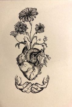 a drawing of a human heart with flowers in the middle and two hands holding it