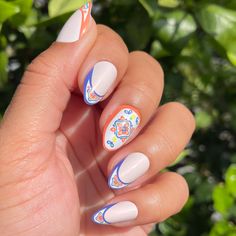 A medium almond press-on with tips and accent nails inspired by italian tiles.“The attention to detail on these nails blows my mind. It’s art.” -XO SGT Italian Nails Trends, Italian Nails, Nails Inspired, Medium Almond, Nails Trends, Olive And June, Fireplace Remodel, Italian Tiles, Toiletry Pouch