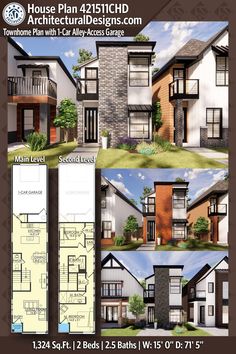 three story house plan with two bales and an attached porch, in the same area