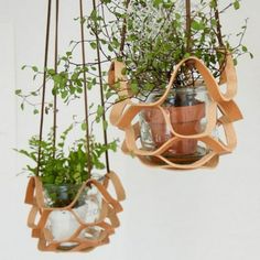 two hanging planters with plants in them and some glass jars on the bottom one