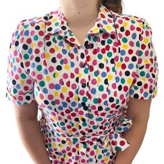 Excellent Vintage Condition, It Just Has Some Faint Yellowing Around The Neck Vintage Size 18, Fits Like A Modern 16 / 14 Vintage Circa 1980s, By Don Elliott Sport Dress. It Has Amazing Multicolored Polka Dots Throughout, With Shoulder Pads, And A Matching Belt. Short Cuffed Sleeves And A Collared Neckline With Black Plastic Buttons That Go Halfway Down The Dress And Pleating On Either Side. Made In Usa. 50% Cotton, 50% Polyester. Measurements (Approx.) Pit To Pit: 23" Length: 48" Style Tags: Do Polka Dot Midi Dress, Vintage Midi Dresses, Plus Size Vintage, Sport Dress, Black Plastic, Cuff Sleeves, White Vintage, Vintage Dresses, Pink White