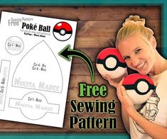 a woman holding two poke ball pillows with the text free sewing pattern on it and an image