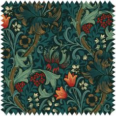 an intricately designed wallpaper with flowers and leaves in green, red, yellow and orange colors