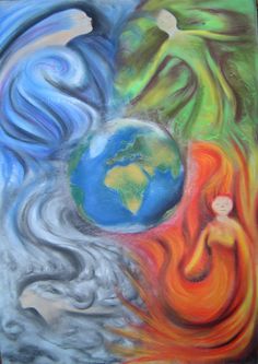 an abstract painting with the earth and two people on it's sides, surrounded by colorful swirls