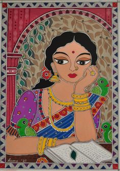 Print Madhubani Lady lost in her thoughts painting Indian Wall | Etsy Madhubani Lady, Mexican Bohemian, Colourful Home Decor, Indian Wall Decor, Painting Indian, Rajasthani Art, Home Decor Indian, Colourful Home, Kalamkari Painting