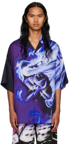 Viscose satin shirt. Graphic printed throughout. · Open spread collar · Button closure · Vented side seams · Dropped shoulders Supplier color: Lilac