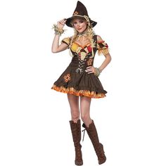 a woman dressed in a scarecrow costume