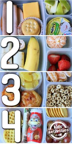 the lunch box is full of different foods and snacks to eat for two or four people