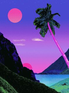 a painting of a palm tree in front of a mountain range with the sun setting