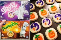 a person holding up a box of frosted cookies next to an image of halloween treats