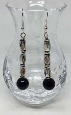 Black onyx long silver earrings, healing stone Elegant Silver Beaded Earrings With Black Beads, Silver Earrings With Black Beads For Party, Elegant Metal Earrings With Silver Beads, Elegant Black Earrings With Silver Beads, Elegant Silver Beaded Metal Earrings, Elegant Silver Long Drop Beaded Earrings, Silver Earrings With Black Round Beads, Silver Drop Earrings With Black Beads, Black Beaded Metal Dangle Earrings