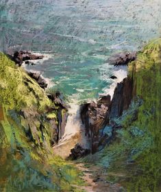 an oil painting of a waterfall in the ocean