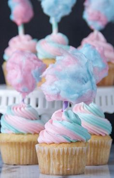 cupcakes with pink, blue and green frosting on top are sitting next to each other