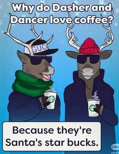 two reindeers wearing hats and scarfs are drinking coffee