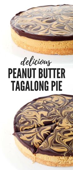 there is a cake with chocolate icing on it and the words deliciousness peanut butter tagalong pie