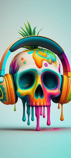 a skull wearing headphones with colorful paint on it