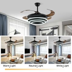 four different views of a ceiling fan in various stages of operation, including the light fixture