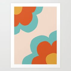 an abstract art print with orange, blue and yellow circles on pink background in white frame