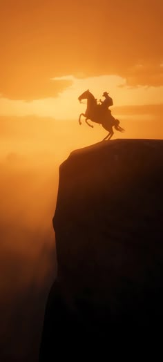 a horse that is standing on top of a cliff in the sunset with it's tail up