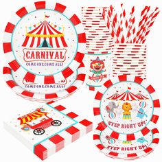 carnival party supplies including paper plates, napkins and candy bar wrappers with circus theme