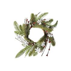 a christmas wreath with white and red berries, pine needles and snowflakes on a white background