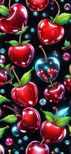 a bunch of red cherries with green leaves and bubbles in the air on a black background