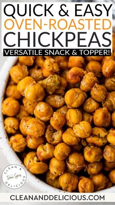 roasted chickpeas in a white bowl with text overlay