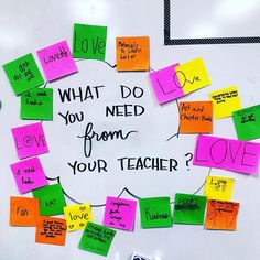 a bulletin board with post - it notes written on it that says what do you need from your teacher?