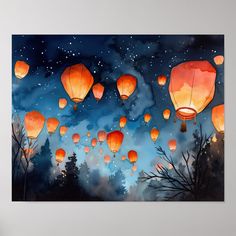 there are many lanterns flying in the sky above trees and stars on the night sky