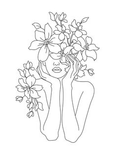 a line drawing of a woman holding flowers in her hair and looking at the camera