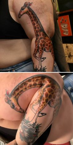 two pictures one showing a giraffe and the other shows a woman with tattoos on her stomach