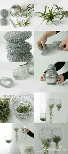 various pictures of different types of plants being made from wire and metal mesh baskets, with text overlaying the image