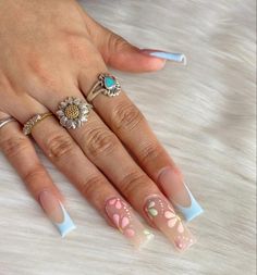 Nails Fire, Nails Pink Acrylic, Acrylic Nails Pink, Spring Nail Ideas, Girly Acrylic, Light Blue Nails, Prom 2024