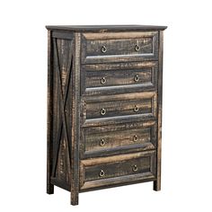 an old wooden chest with four drawers and metal pulls on the bottom, against a white background