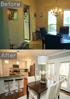 before and after pictures of a kitchen, dining room and living room remodel