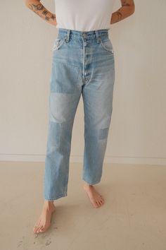 Vintage 501 reworked Levis Denim -- Each is one of a kind with mending & patchwork details. Perfectly worn in and comfortable 100% cotton. Button Fly. Flat lay measurements are included for your personal reference, please refer to them to ensure desired fit and size. Measures Flat: WAIST: 16.5" RISE: 12" HIP: 20.5" INSEAM: 27" Fits 31-33" waist depending on desired styling. Model is 5'7, size 26/27. Some modeled items may have been pinned on the model to photograph -- Please refer to flat lay me Medium Wash Patched Cotton Jeans, Medium Wash Cotton Jeans With Patches, Reworked Light Wash Cotton Jeans, Light Wash Patchwork Cotton Jeans, Reworked Dark Wash Cotton Jeans, Light Wash Patchwork Jeans In Recycled Denim, Reworked Faded Cotton Jeans, Reworked Faded Cotton Bottoms, Faded Reworked Cotton Bottoms