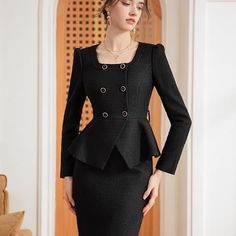 Embrace the epitome of sophistication with our Elegance Redefined Peplum Blazer and Pencil Skirt Set. Crafted with the contemporary woman in mind, this ensemble features a sleek, double-breasted black blazer boasting a cinched waist and a flared peplum hem that adds a touch of classic femininity. Peak lapels; front button blazer Square-neck, Long sleeves; button cuffs. Structured shoulders. Polyester 98.8%, Spandex 1.1% Imported Brand - Aision Model Number - CS1671 Luxury Chic Black Skirt Suit, Elegant Luxury Skirt Suit For Business Casual, Luxury Black Skirt Suit For Spring, Luxury Black Skirt Suit With Buttons, Chic Luxury Black Skirt Suit, Luxury Pencil Skirt Suit For Women, Luxury Black Skirt Suit For Winter, Skirt Suits For Women Young Professional, Suits With Skirts